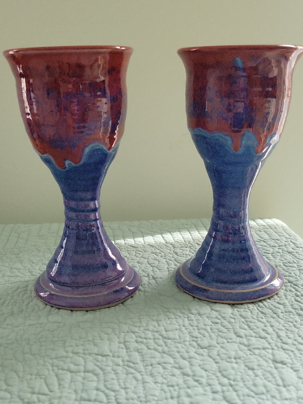 Clyde Gobble Signed Pair Handmade Art Pottery Goblets in Blue and Red Glaze EUC